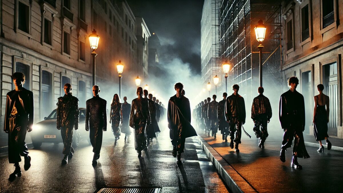 神秘的な雰囲気の街中でのランウェイ。メゾンマルジェラのイメージ。